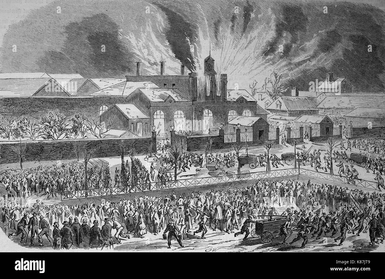 Città di Troyes, Francia, bruciatura della stazione ferroviaria, fuoco, 1855, digitale migliorata la riproduzione di un originale woodprint dal XIX secolo Foto Stock