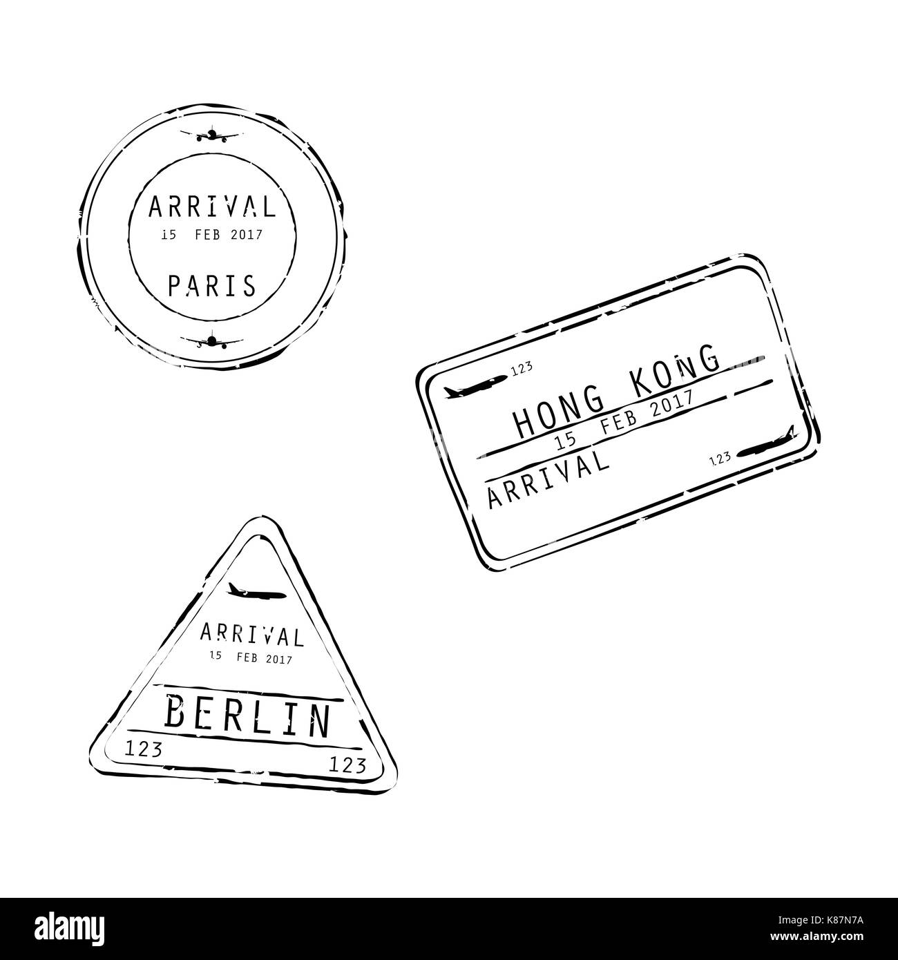 Illustrazione Vettoriale set di international travel visa francobolli isolati su bianco. arrivi segno timbri in gomma. Illustrazione Vettoriale