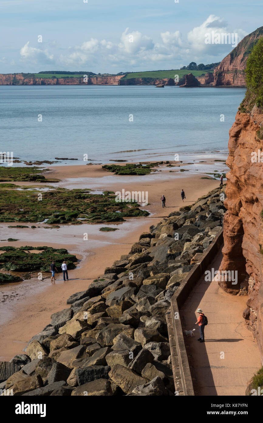 Vista della spiaggia occidentale a Sidmouth, nel Devon, in Inghilterra, con pietra arenaria rossa scogliere. Foto Stock
