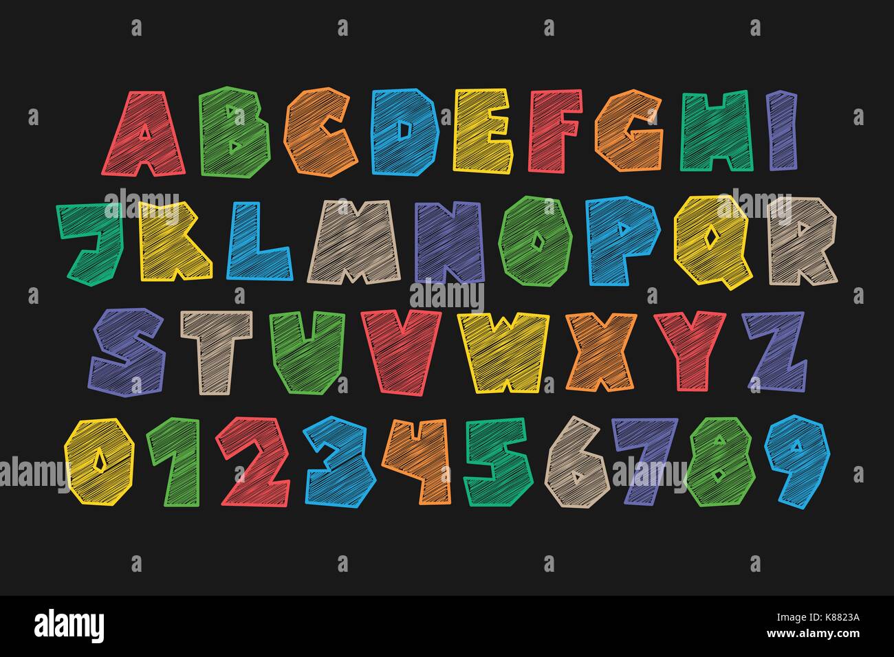 Set di alfabeto stilizzato lettere e numeri. vettore, cartoni ...