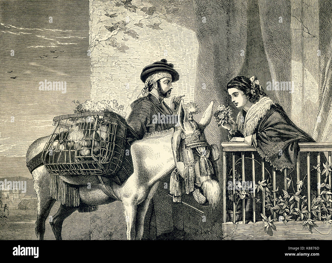 Questa incisione su legno accompagnata un 1881 prenota su British pittori. Questo è chiamato 'Spanish venditore di fiori,' da Richard Ansdell (1815-1885), un pittore inglese di animali e scene di genere. Foto Stock