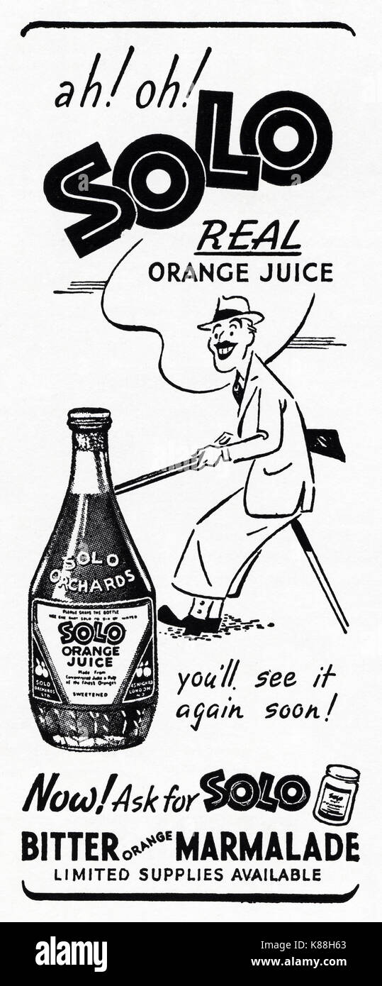 1940s vecchio vintage originale pubblicità pubblicità solo succo di arancia & marmellata di arance in magazine circa 1947 quando i materiali di consumo sono state ancora limitato sotto post-razionamento di guerra Foto Stock