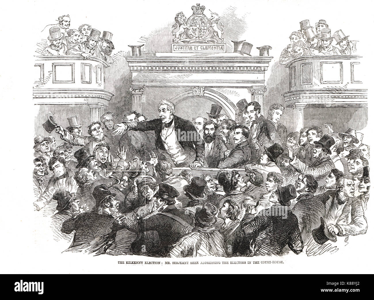 Sir William Shee, campione di emancipazione cattolica affrontare gli elettori nella corte-House, Kilkenny, elezione, 1857, Foto Stock