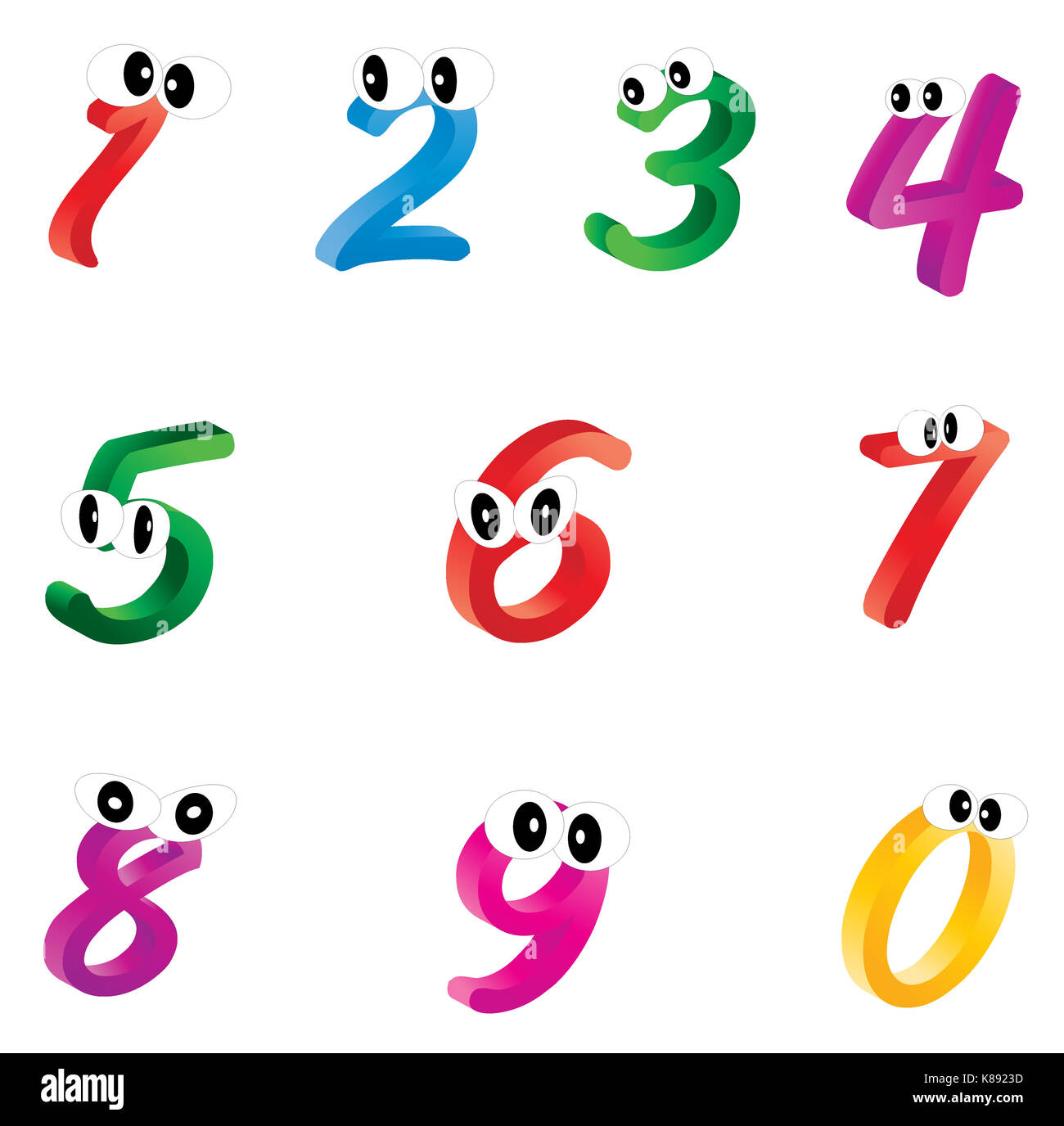 Set di numeri di cartoni animati, cifre con gli occhi. divertente, allegro  e illustrazione colorata per bambini isolati su sfondo bianco Foto stock -  Alamy