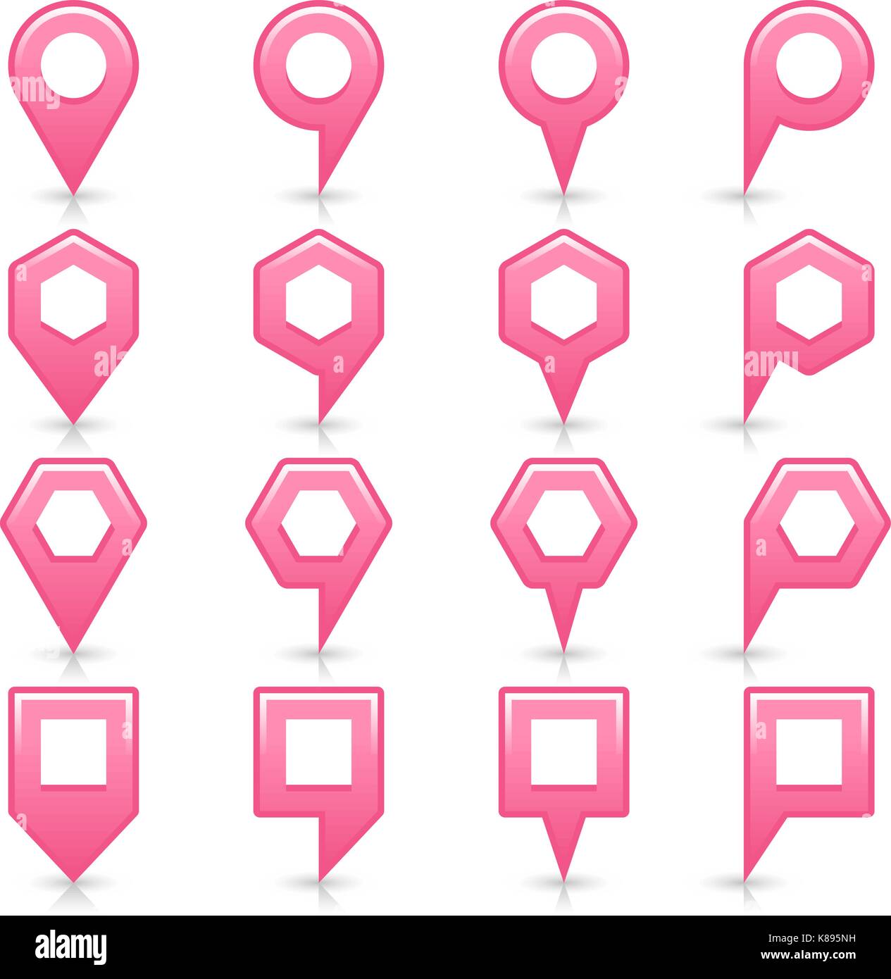 Piatto rosa color map pin segno icona localizzazione con ombre di grigio e di riflessione isolati su sfondo bianco. web design salva elemento nel vettore illustratio Illustrazione Vettoriale
