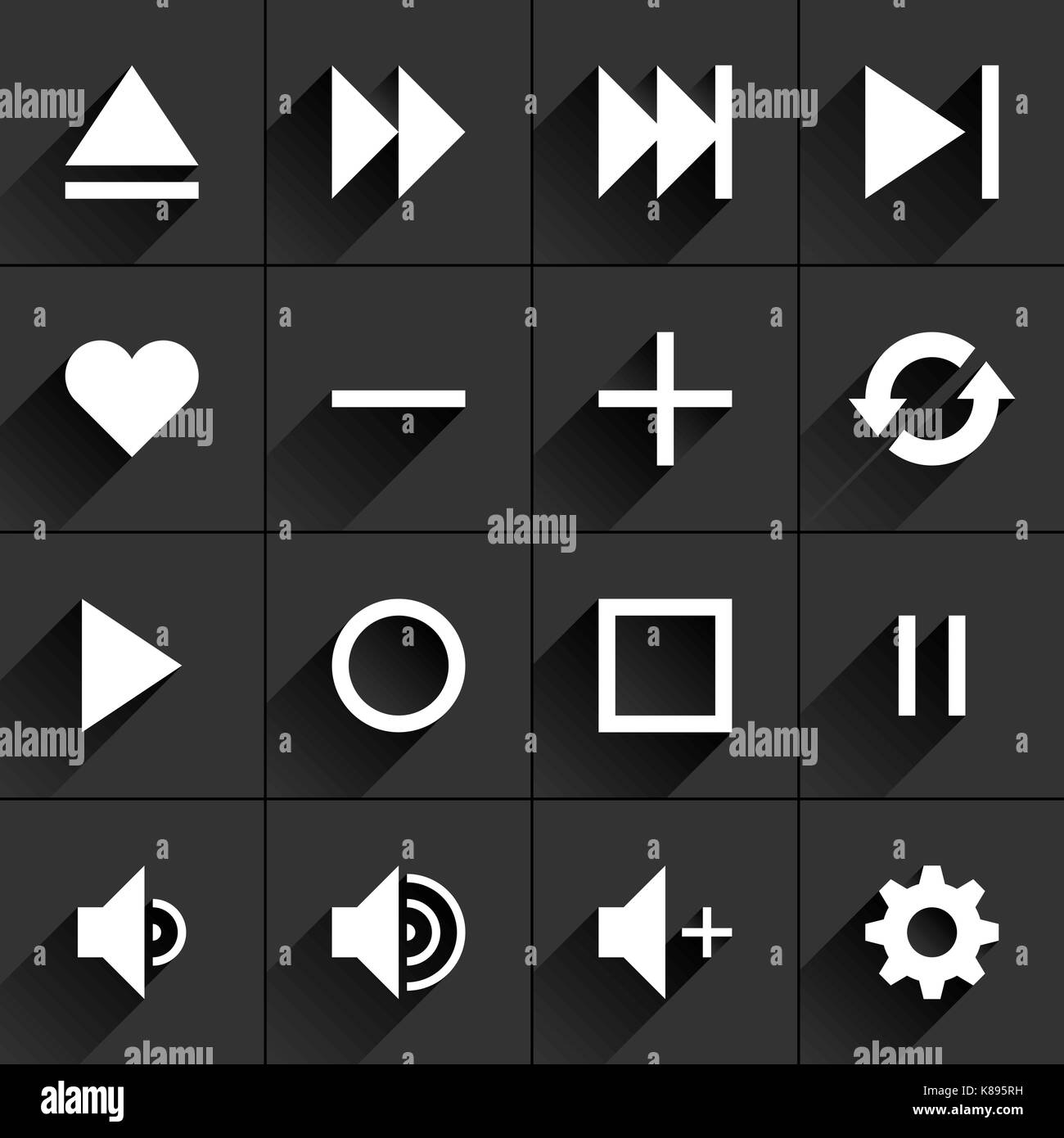 16 Controllo media segno icona piatta con il grigio lunga ombra. cartello bianco su sfondo grigio scuro. ordinata e pulita, semplice, minimale, solido, stile semplice Illustrazione Vettoriale