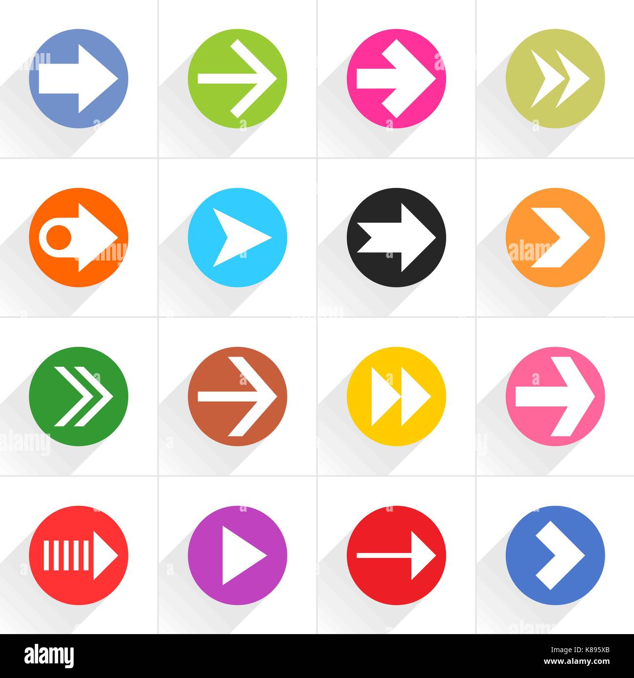 16 freccia icona piatta con lunga ombra. blu, verde, rosa, arancione, marrone, giallo, viola, viola, rosso, cobalto, magenta segni su sfondo bianco vettore i Illustrazione Vettoriale