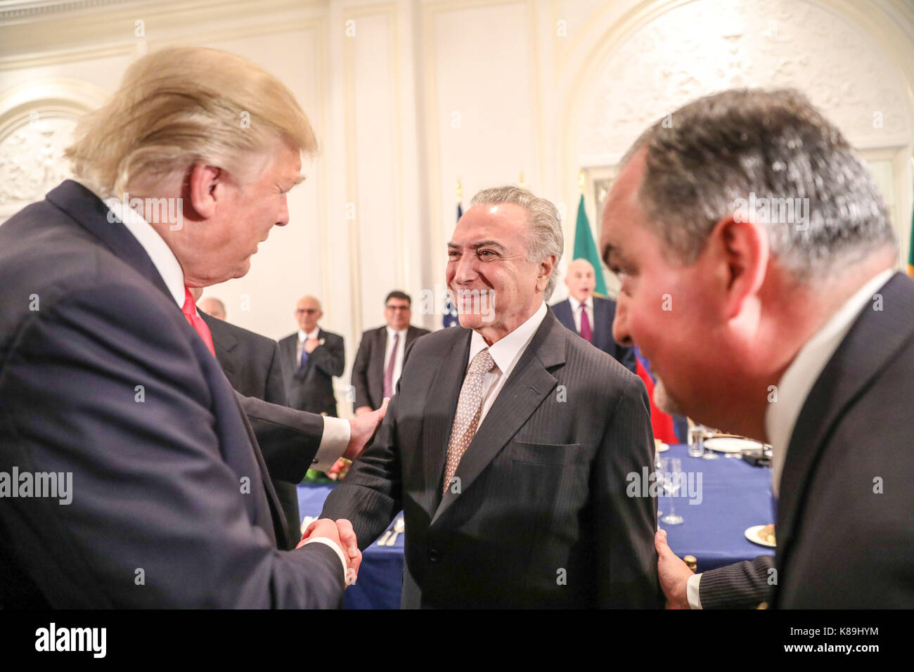 New York, Stati Uniti. 18th settembre 2017. Michel Temer, presidente del Brasile, durante la cena, ha ospitato lunedì 18 il presidente degli Stati Uniti Donald Trump al Lotte New York Palace Hotel di Manhattan a New York City. Temendo domani si aprirà la 72nd Assemblea Generale delle Nazioni Unite credito: Brasile Photo Press/Alamy Live News Foto Stock