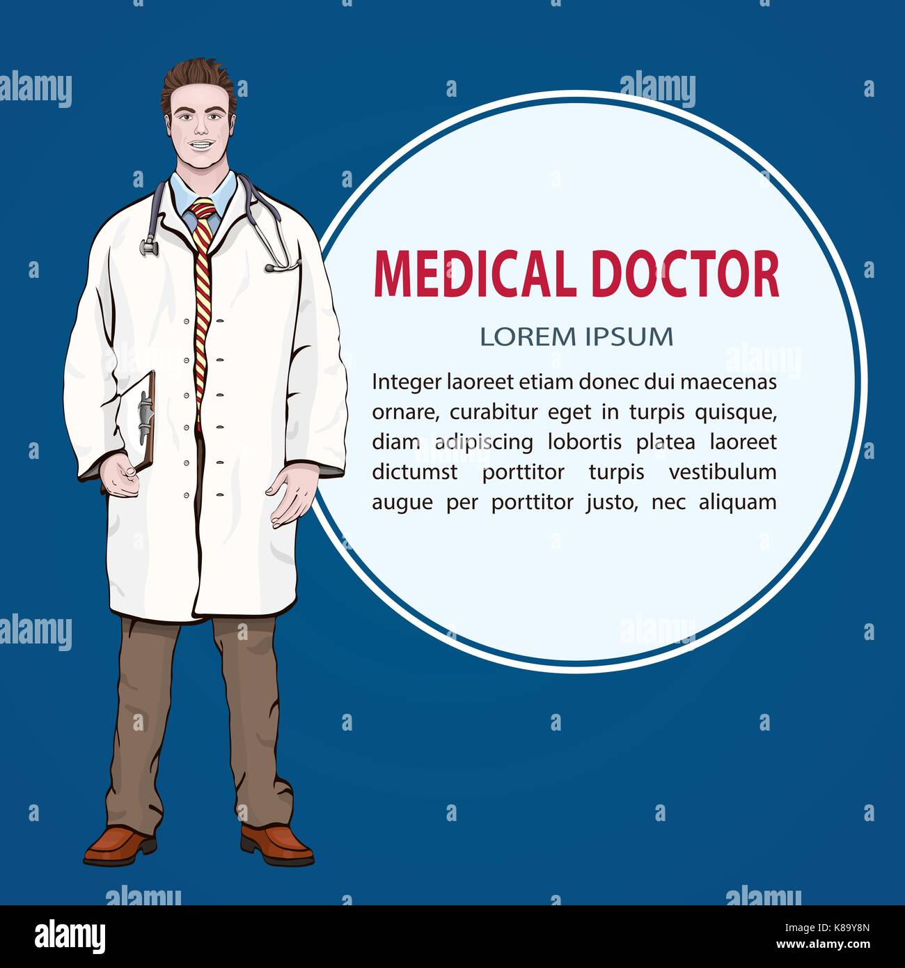 Banner di medici, sfondo vettoriale con connettore maschio di tipo medico permanente sul lato anteriore, cartoon ritratto uomini medico a lunghezza piena, umane dipinte in un medico dressin Illustrazione Vettoriale