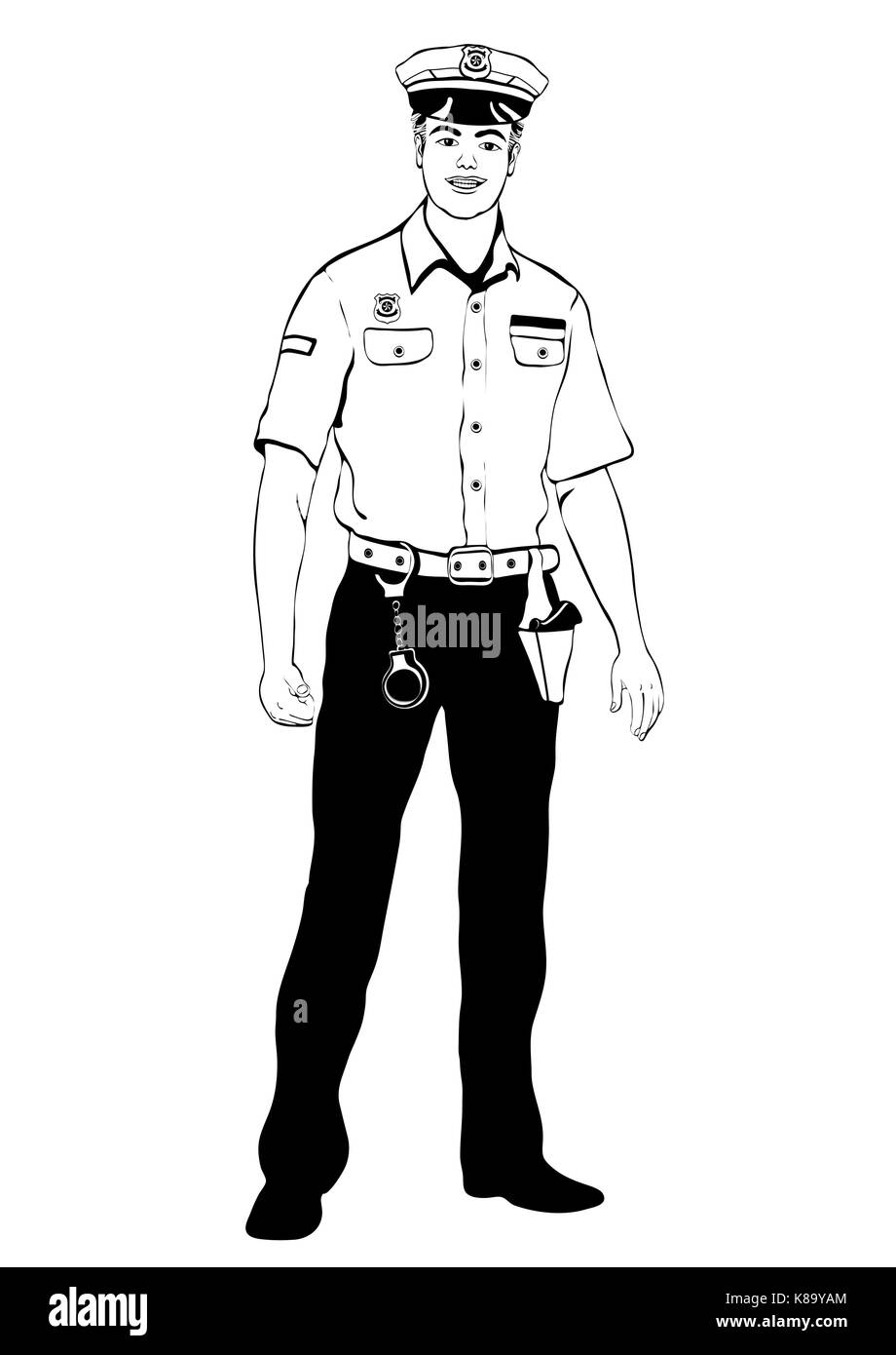 Funzionario di polizia in piedi sul lato anteriore, vettore cartoon di contorno verticale cop maschio full-length, in bianco e nero umane dipinte in un uniforme della polizia con bracci Illustrazione Vettoriale