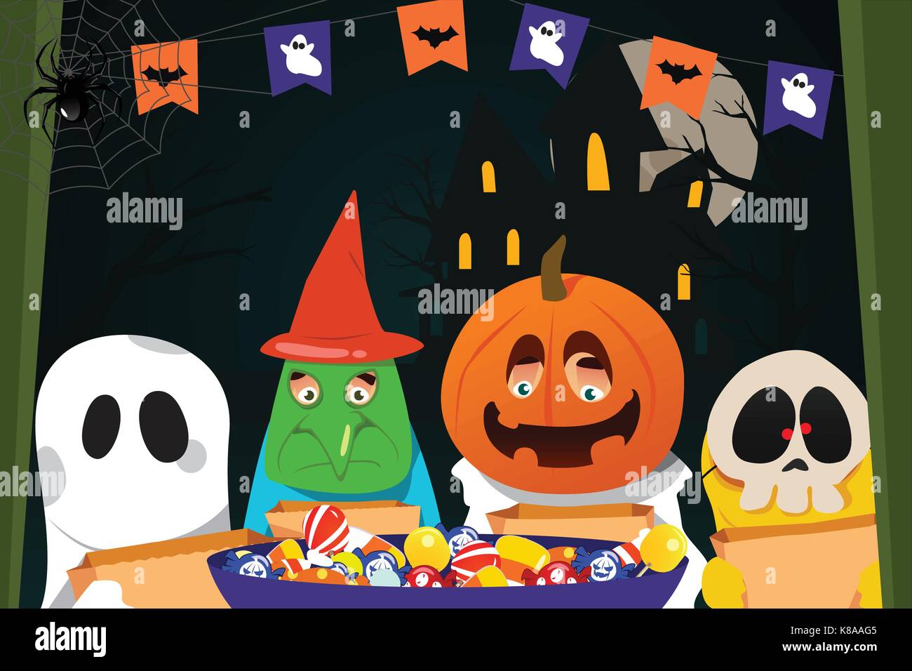Una illustrazione vettoriale di bambini che indossano costumi di halloween fare Trick or Treat Illustrazione Vettoriale