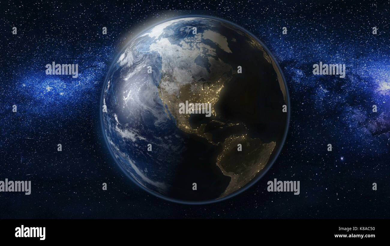Il pianeta terra in nero e blu universo di stelle Foto Stock