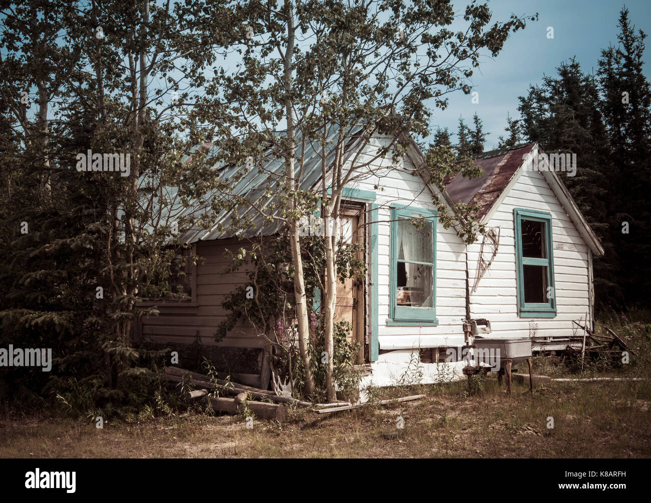 Rustico vecchia casa in legno in yukon canada in estate elaborati per un look vintage. Foto Stock
