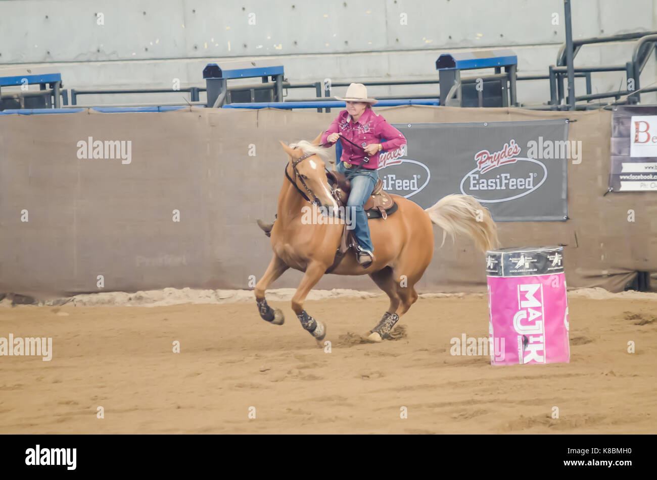 Cavallo Sport, onorevoli Finali Nazionali Corsa della botte presso l'Australian cavalli e bestiame Eventi Centro (AELEC) Indoor Arena,Tamworth NSW, Australia Foto Stock
