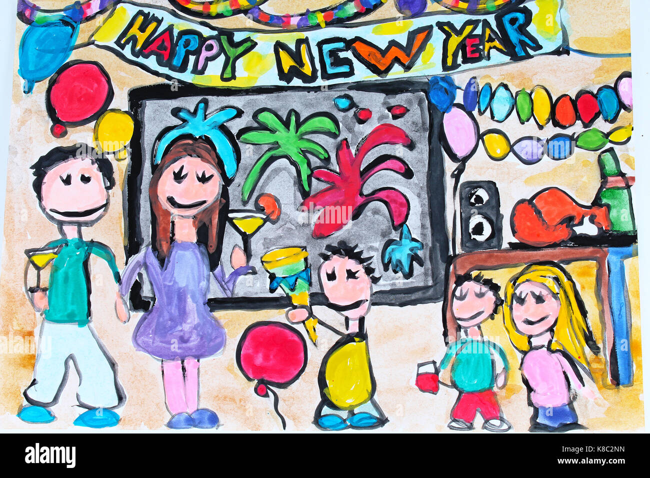 Bambino disegnare disegno paint pittura felice anno nuovo partito a casa con la famiglia e con fuochi d'artificio. I bambini disegna le vernici di capretto art. Foto Stock