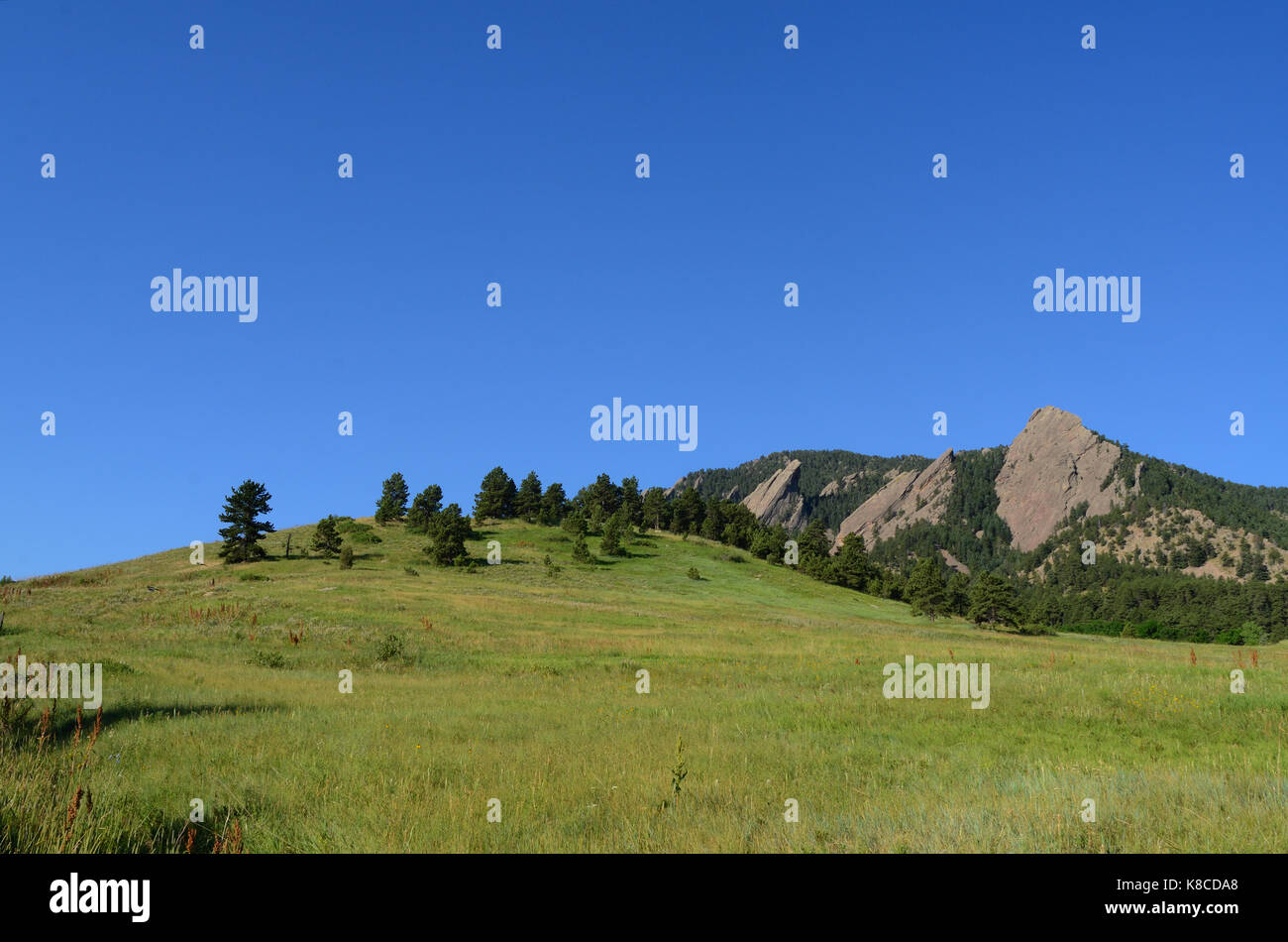 Boulder iconici mountain view. Il Flatirons e Montagna Verde, montagne rocciose Foto Stock