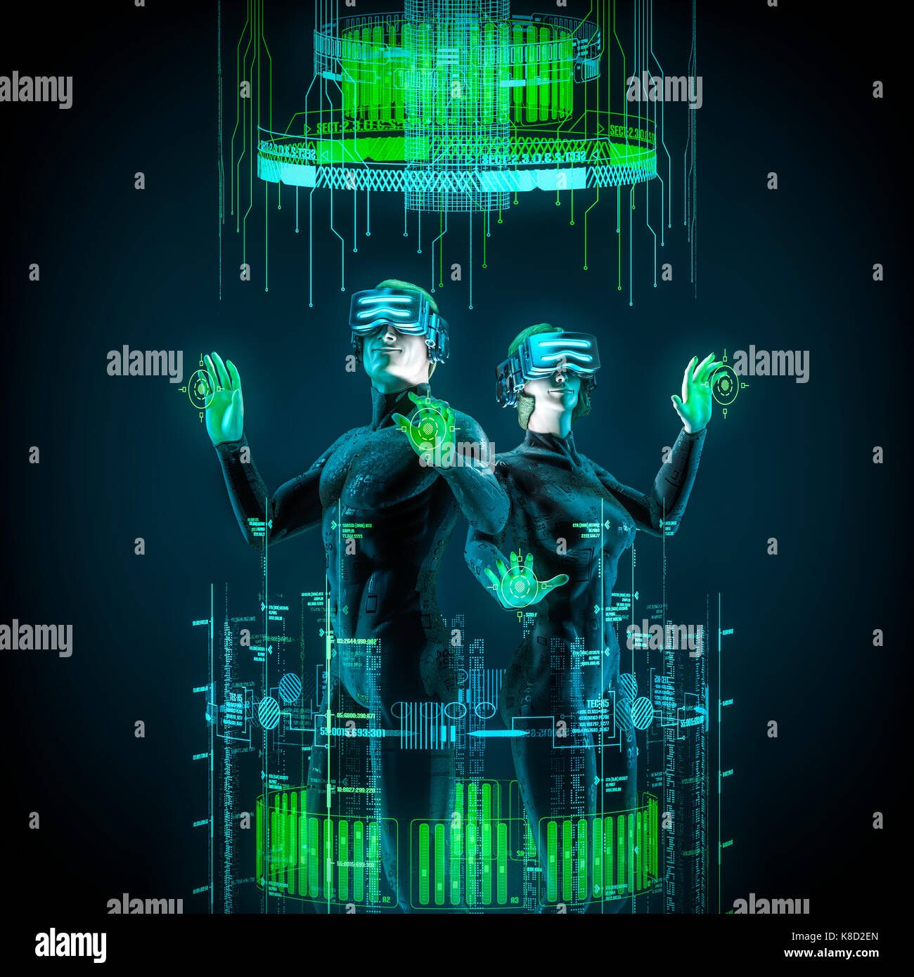 La realtà virtuale team / 3d illustrazione del maschio e figure femminili in marcia virtuale lavorando insieme nel cyberspazio Foto Stock