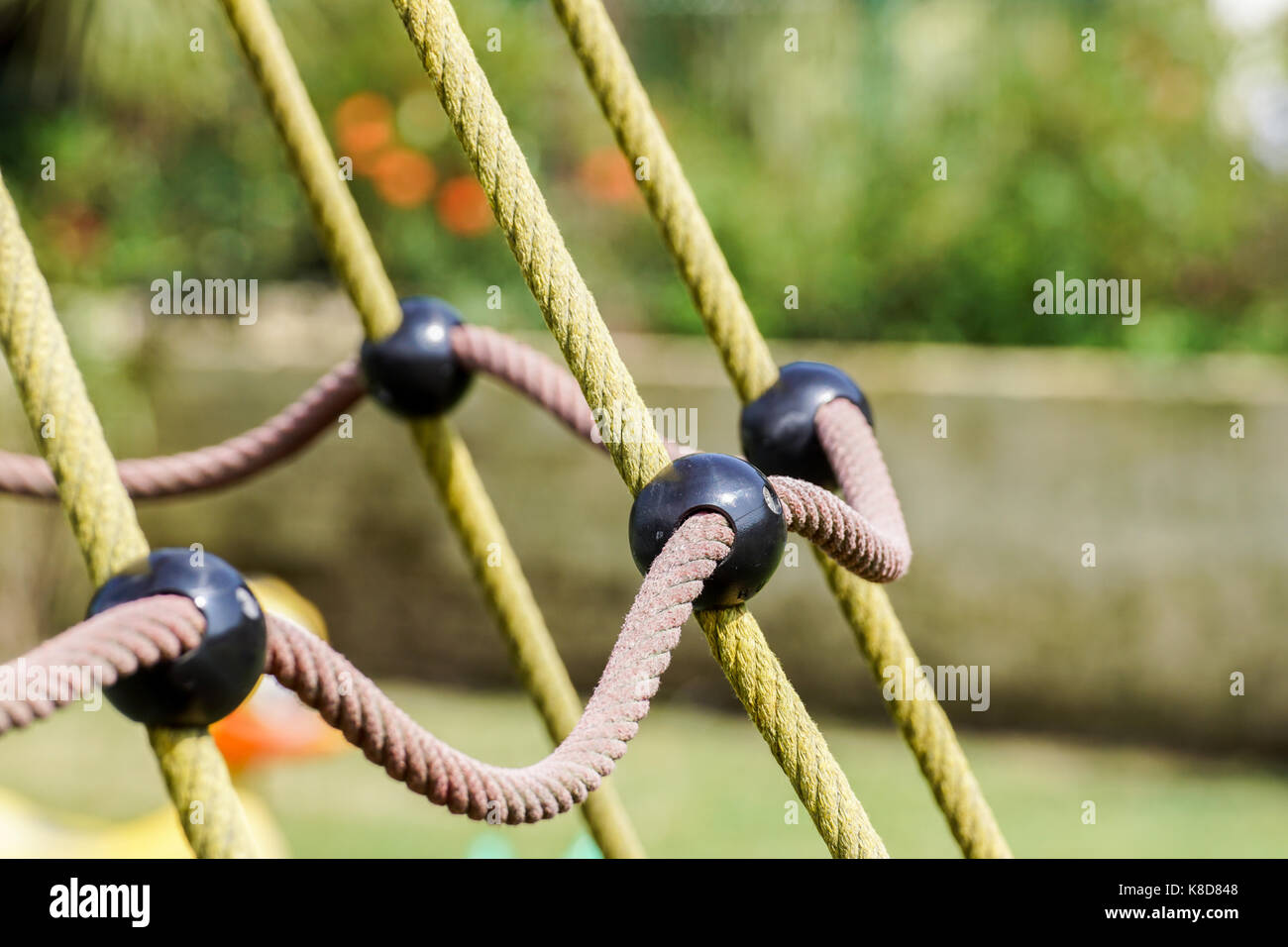 Dettaglio di attraversata funi rosso in verde indietro Foto Stock
