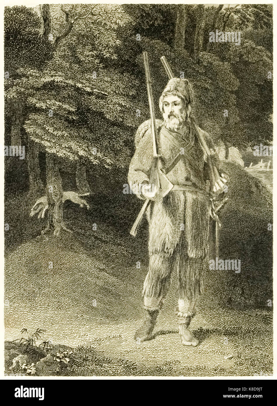 "Robinson Crusoe caccia" da "La vita e le strane sorprendenti avventure di Robinson Crusoe, o York, Mariner" di Daniel Defoe (1660-1731). Illustrazione di Thomas Stothard (1755-1834) incisione di Thomas Medland (1765-1833). Vedere ulteriori informazioni qui di seguito. Foto Stock