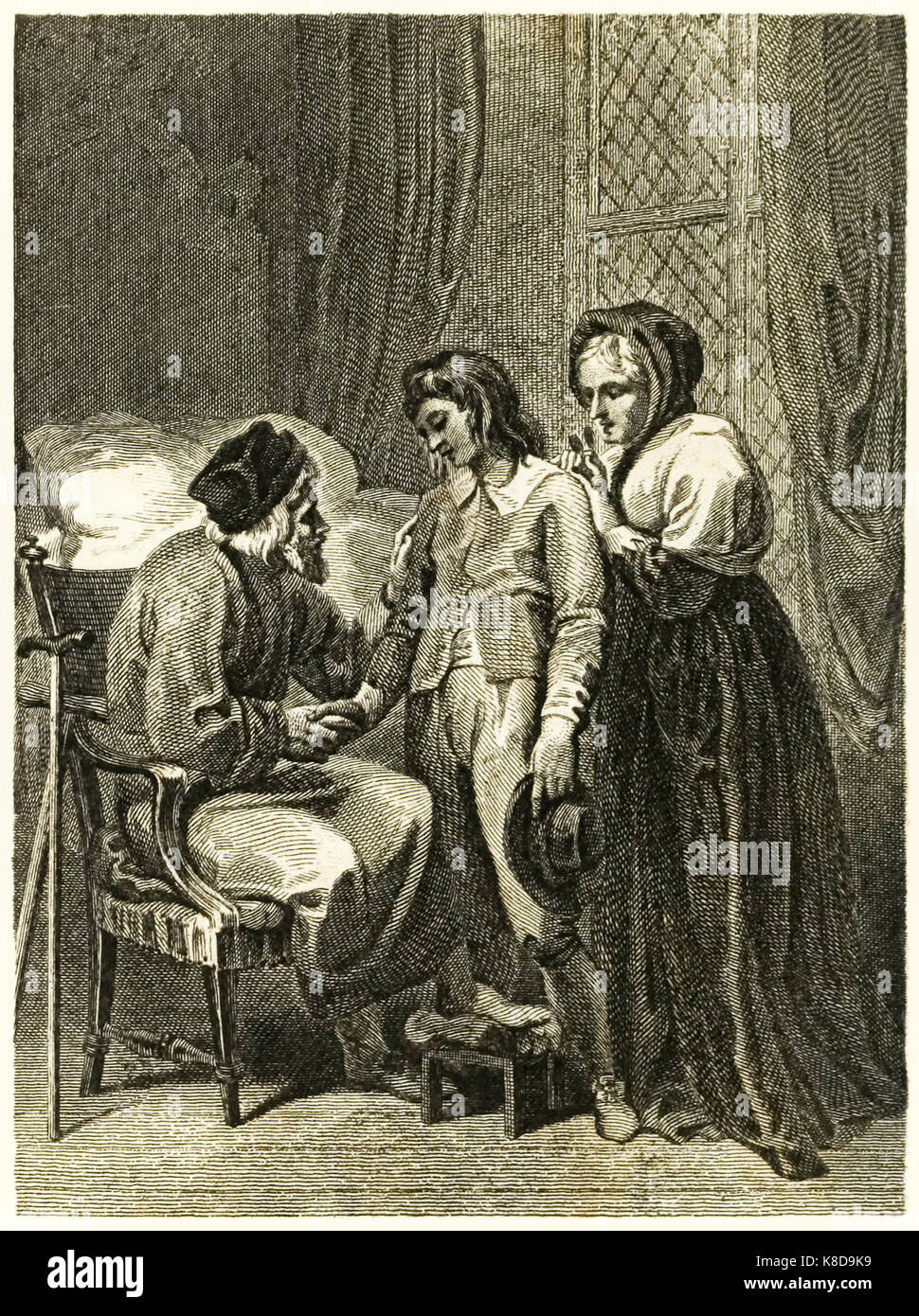 "Robinson Crusoe' frontespizio illustrazione che mostra Crusoe congedo di suo padre e di sua madre. Da "La vita e le strane sorprendenti avventure di Robinson Crusoe, o York, Mariner" di Daniel Defoe (1660-1731). Illustrazione di Thomas Stothard (1755-1834) incisione di Thomas Medland (1765-1833). Vedere ulteriori informazioni qui di seguito. Foto Stock