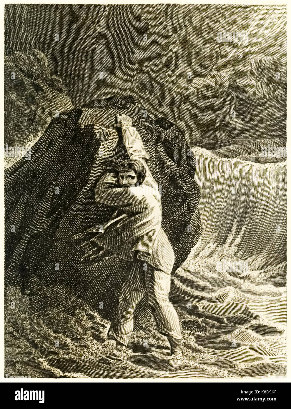 "Robinson Crusoe naufragato e aggrappandosi ad una roccia" da "La vita e le strane sorprendenti avventure di Robinson Crusoe, o York, Mariner" di Daniel Defoe (1660-1731). Illustrazione di Thomas Stothard (1755-1834) incisione di Thomas Medland (1765-1833). Vedere ulteriori informazioni qui di seguito. Foto Stock