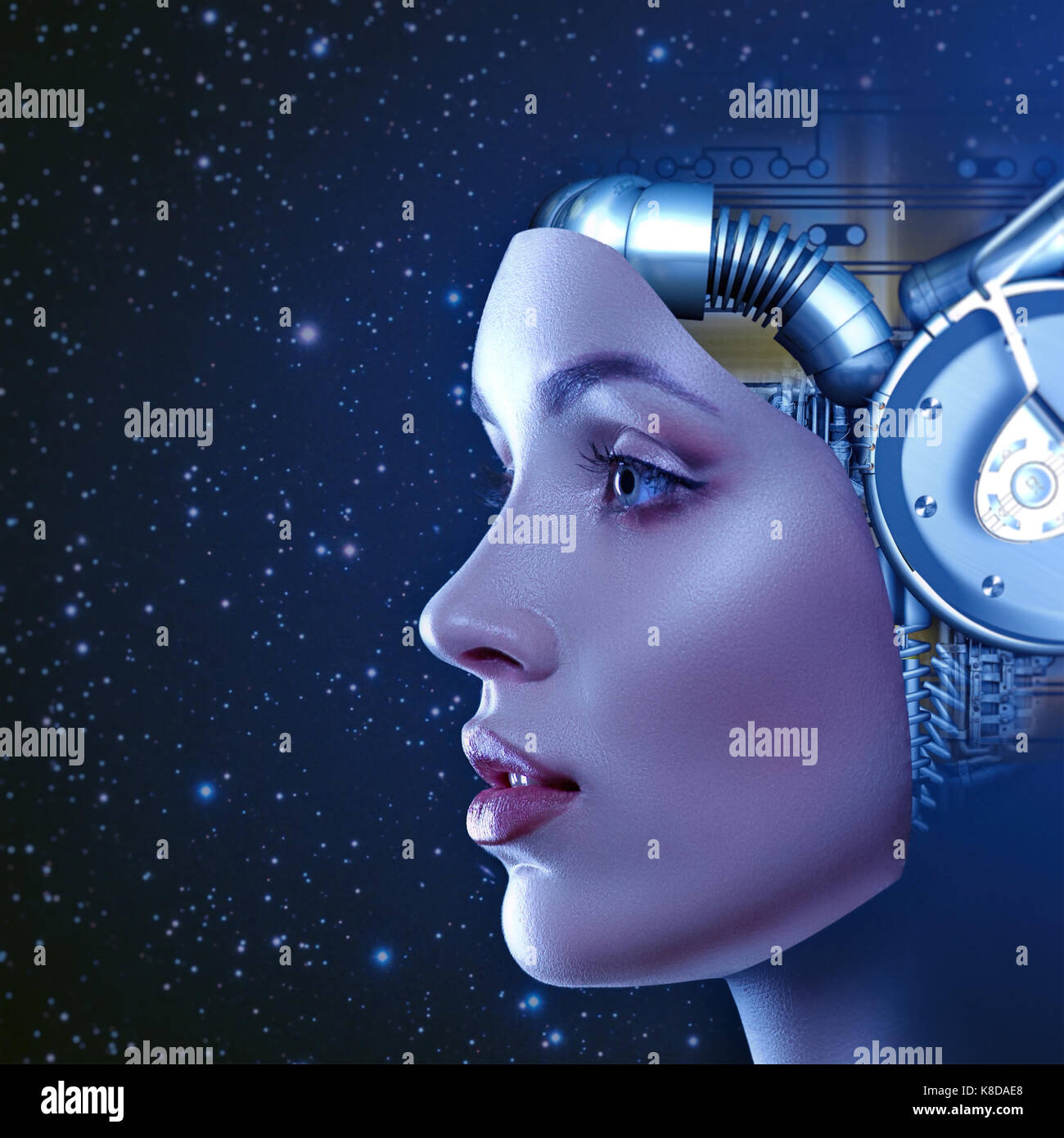 Cyber donna, astratta futuristico ritratto femminile con lo spazio profondo come sfondo Foto Stock