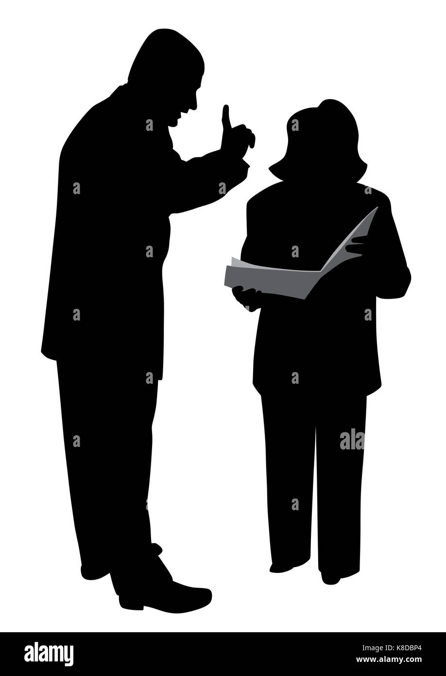 Il boss maschio conferendo ordine istruzioni o avvertimento sua dipendente di sesso femminile Illustrazione Vettoriale
