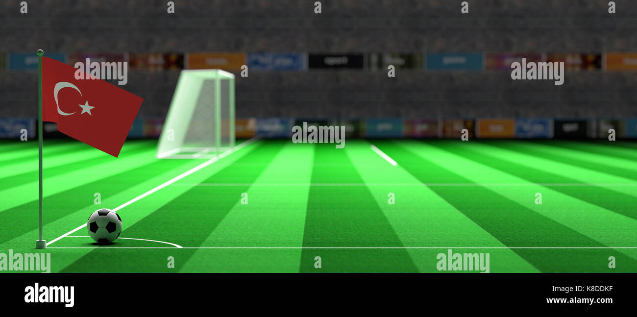 Bandiera della Turchia su un calcio Campo di calcio. 3d illustrazione Foto Stock