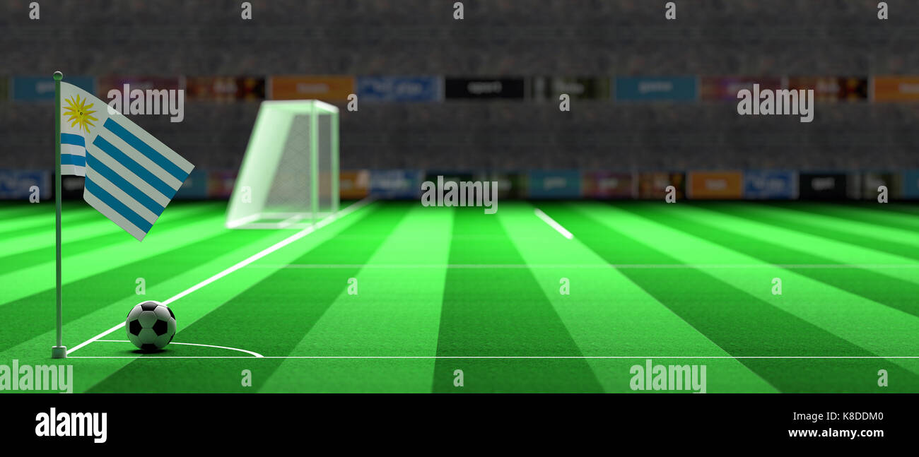 Uruguay bandiera su un calcio Campo di calcio. 3d illustrazione Foto Stock