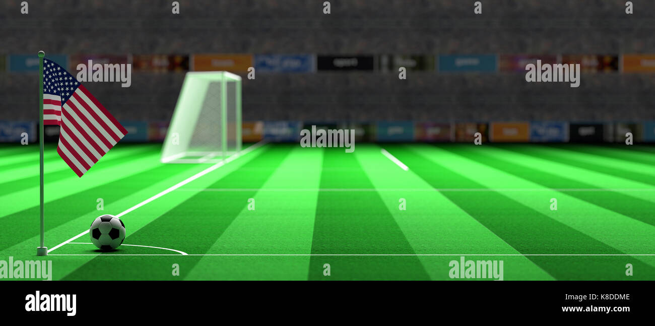 Stati Uniti d'America bandiera su un calcio Campo di calcio. 3d illustrazione Foto Stock