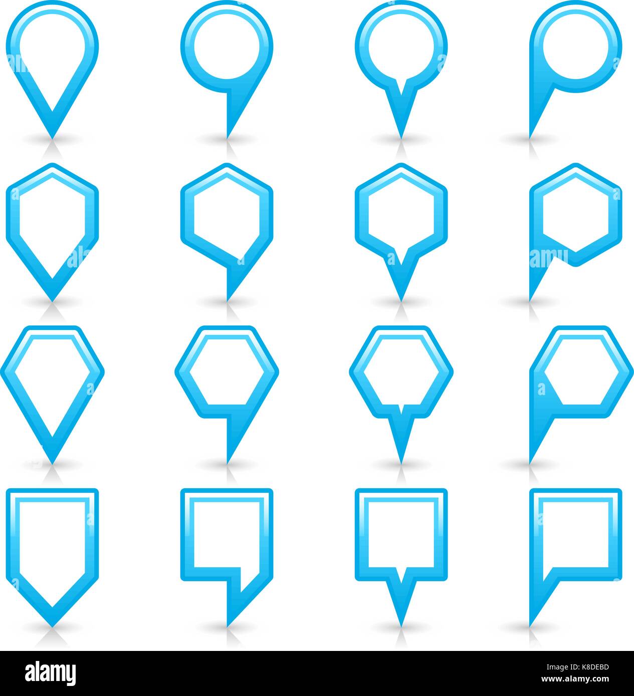 Piatto di colore blu mappa pin segno icona localizzazione con ombre di grigio e di riflessione isolati su sfondo bianco. web design salva elemento nel vettore illustratio Illustrazione Vettoriale