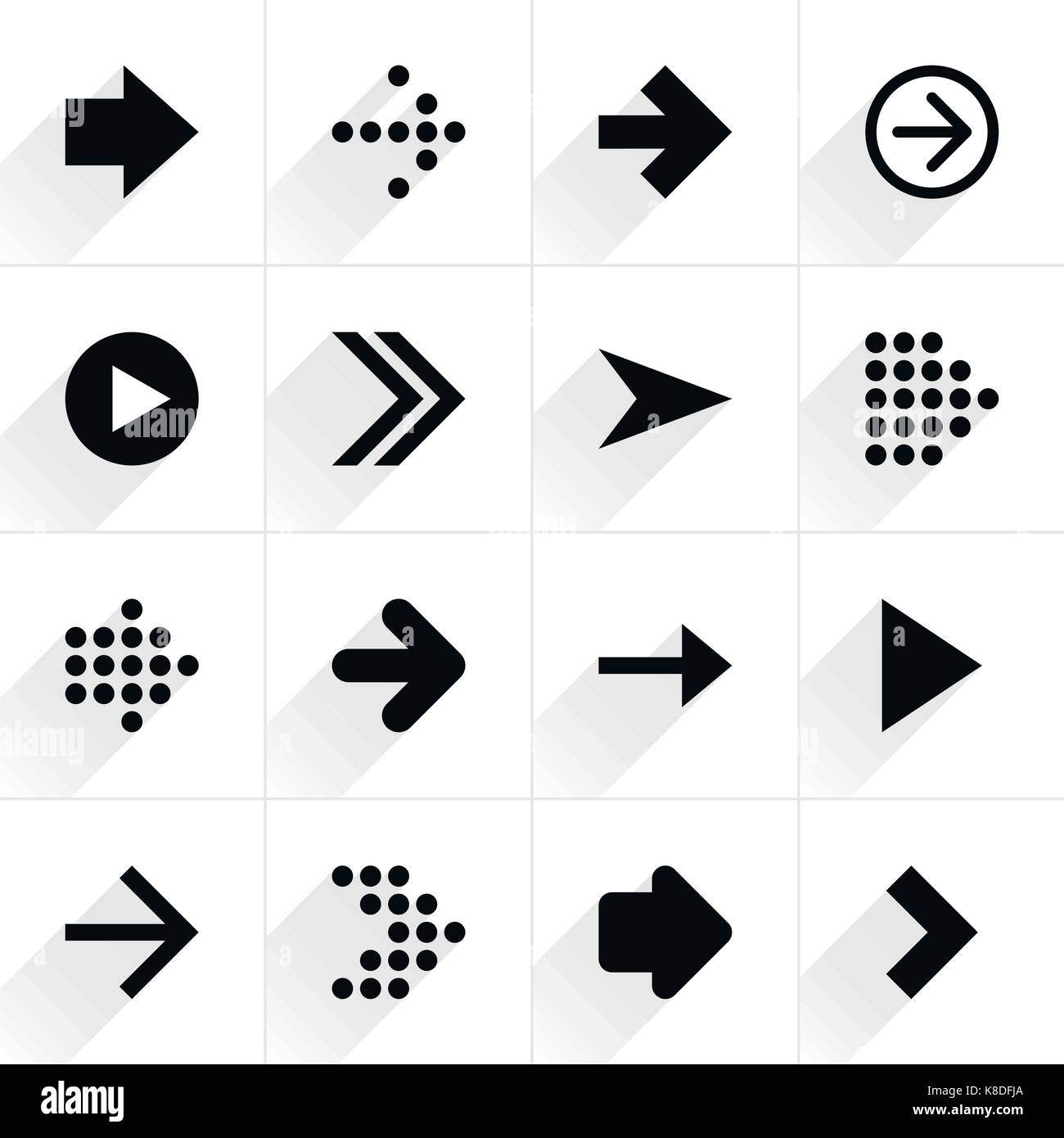 16 freccia icona piatta con il grigio lunga ombra. segno nero su sfondo bianco. ordinata e pulita, semplice, minimale, solido, stile semplice. illustrazione vettoriale nel web Illustrazione Vettoriale