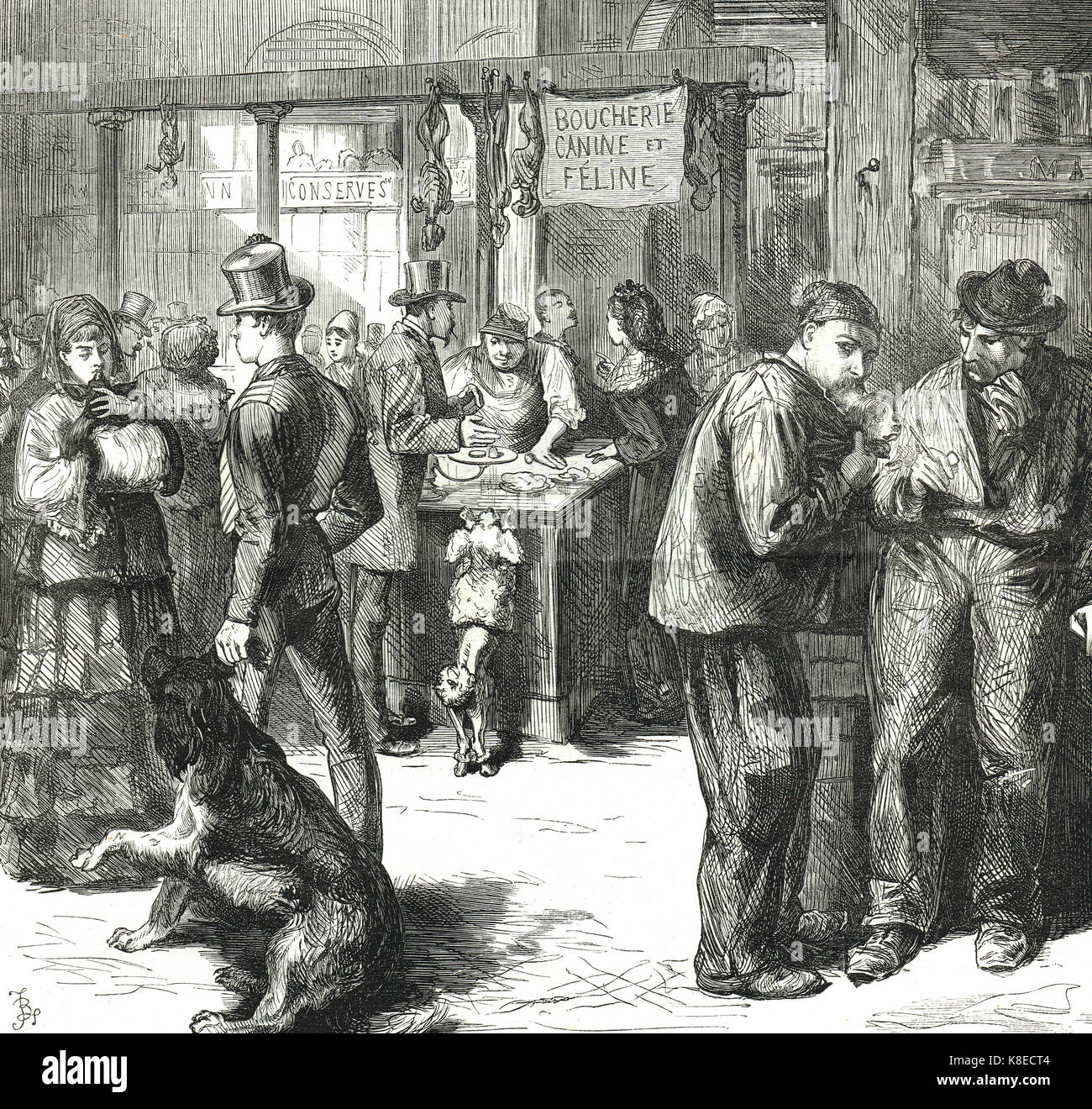 Mercato di cani e gatti, macellaio, Marché St, Germain, carenze alimentari, assedio di Parigi, dicembre 1870 Foto Stock