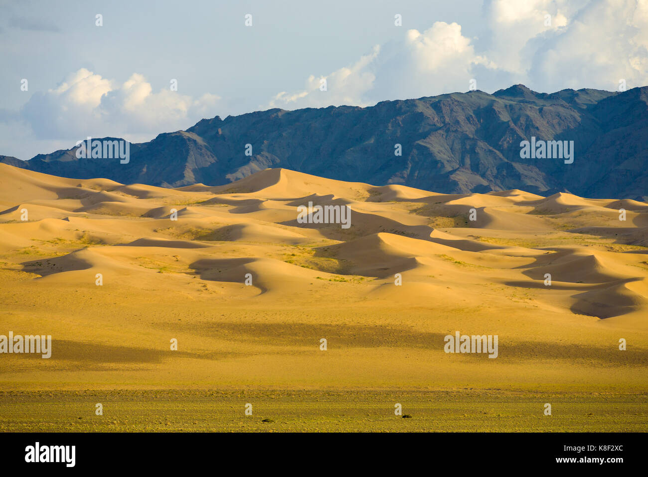 Gradatamente inclinato, pittoresche dune di sabbia di mongolo deserto dei Gobi e la gamma della montagna di Khongor Els in Mongolia meridionale Foto Stock