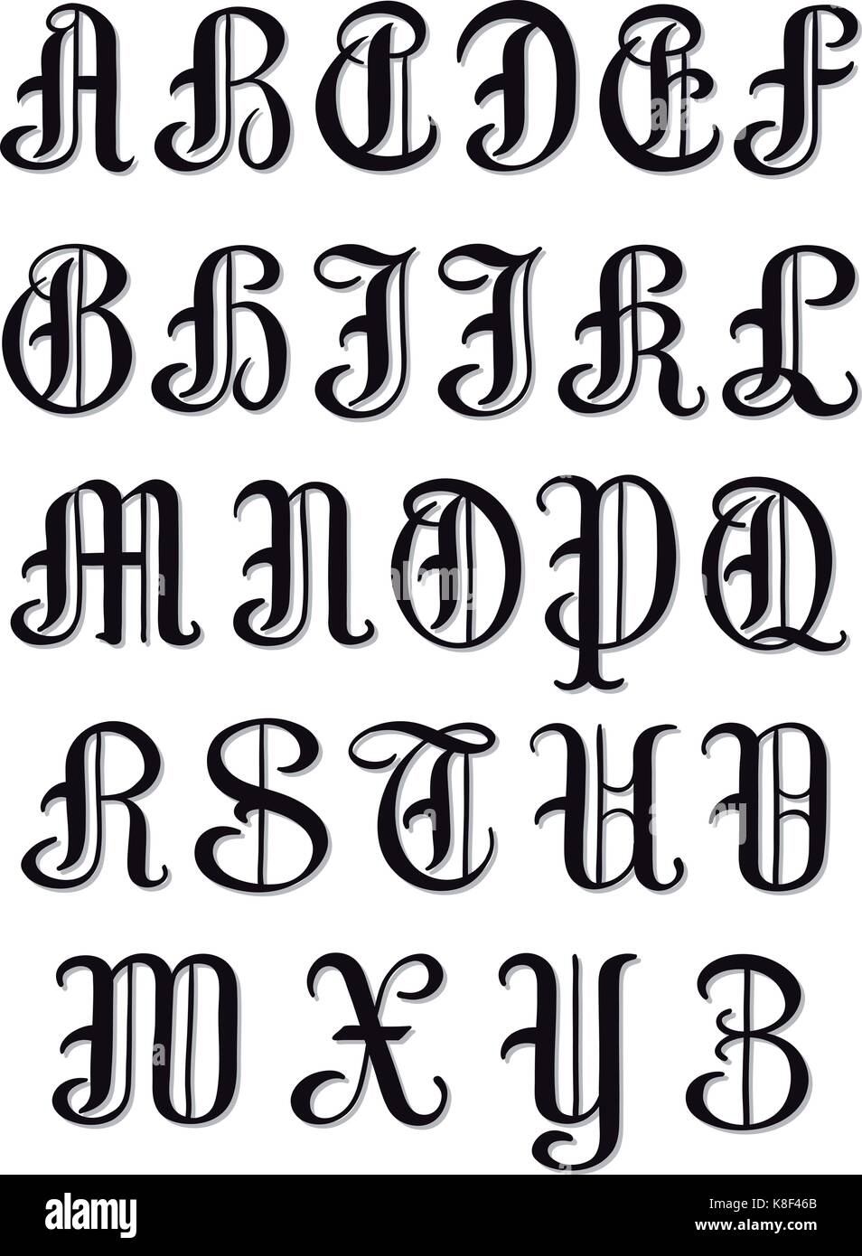 Completo set di caratteri maiuscoli dell'alfabeto lettere nel round vintage caratteri serif, illustrazione isolato su bianco Illustrazione Vettoriale