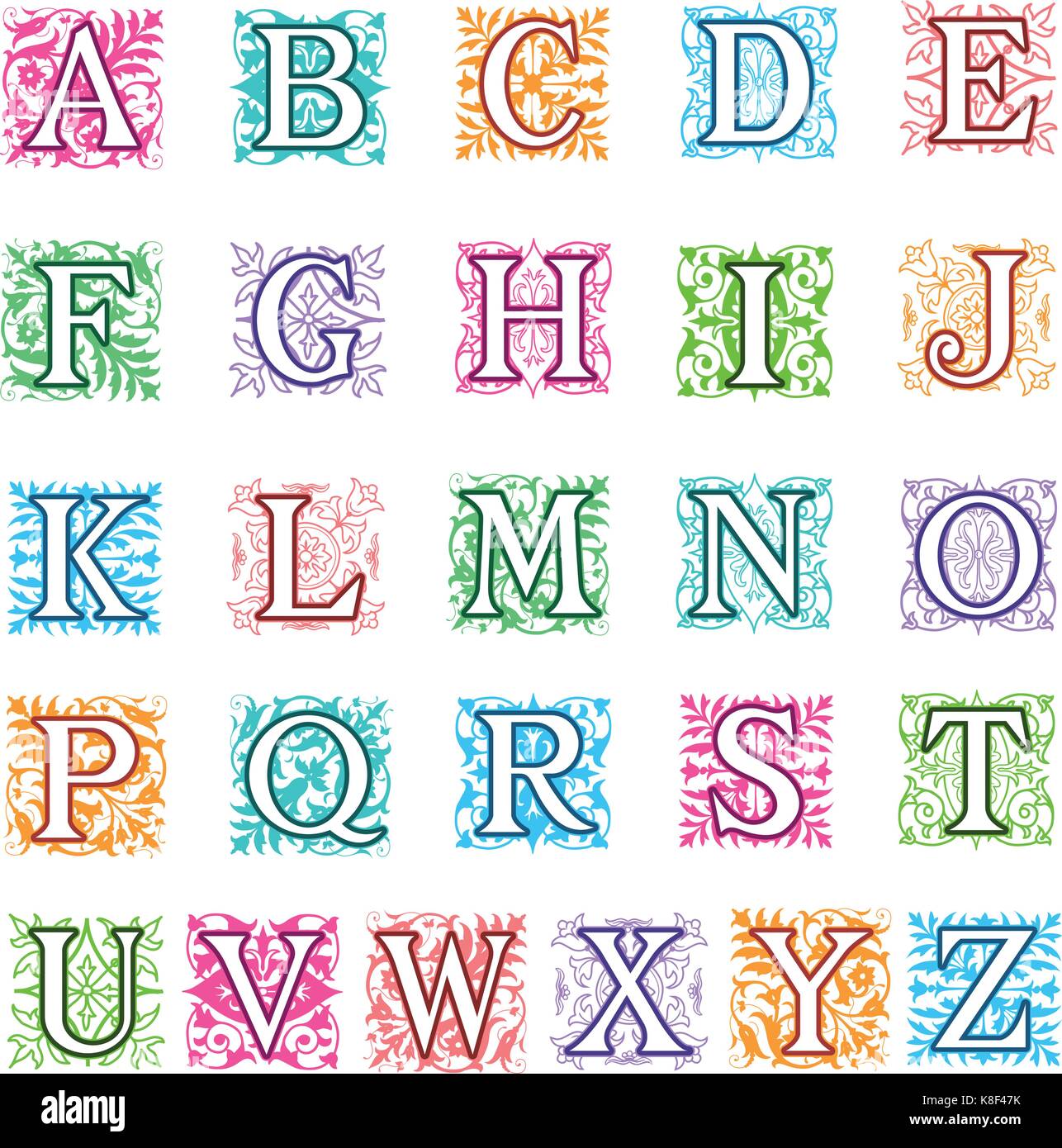Colorata illustrazione vettoriale di un set completo di alfabeto lettere in maiuscolo con formato quadrato di decorazione ornamentale dietro ogni lettera maiuscola in Illustrazione Vettoriale