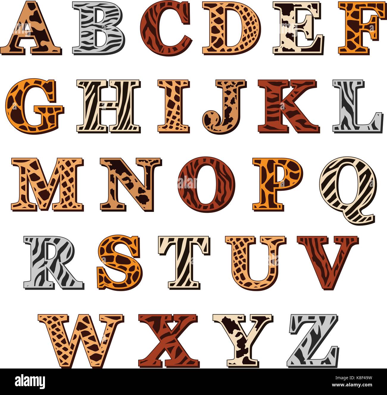 Vector lettere maiuscole dell'alfabeto latino con stampa di animale che  assomiglia al modello naturale della pelle e del pelo di animali selvatici,  isolato su bianco Immagine e Vettoriale - Alamy