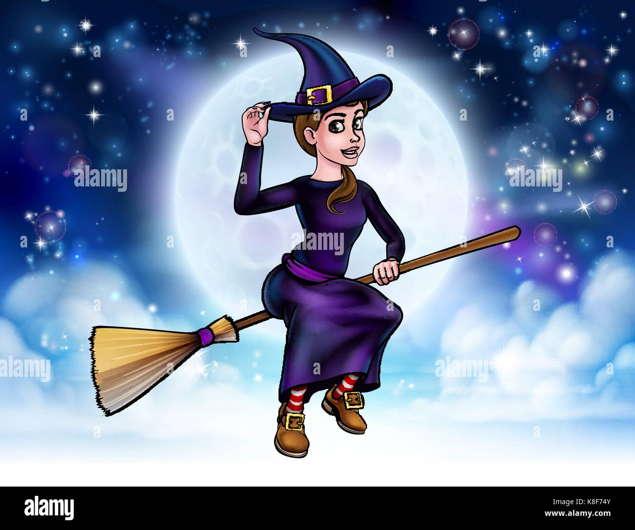 Halloween strega volare sulla scopa sfondo Illustrazione Vettoriale