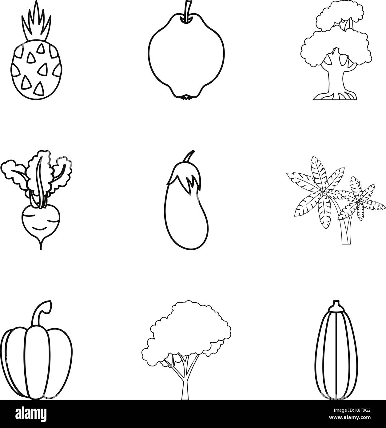 Il giardino del mercato set di icone di stile di contorno Illustrazione Vettoriale