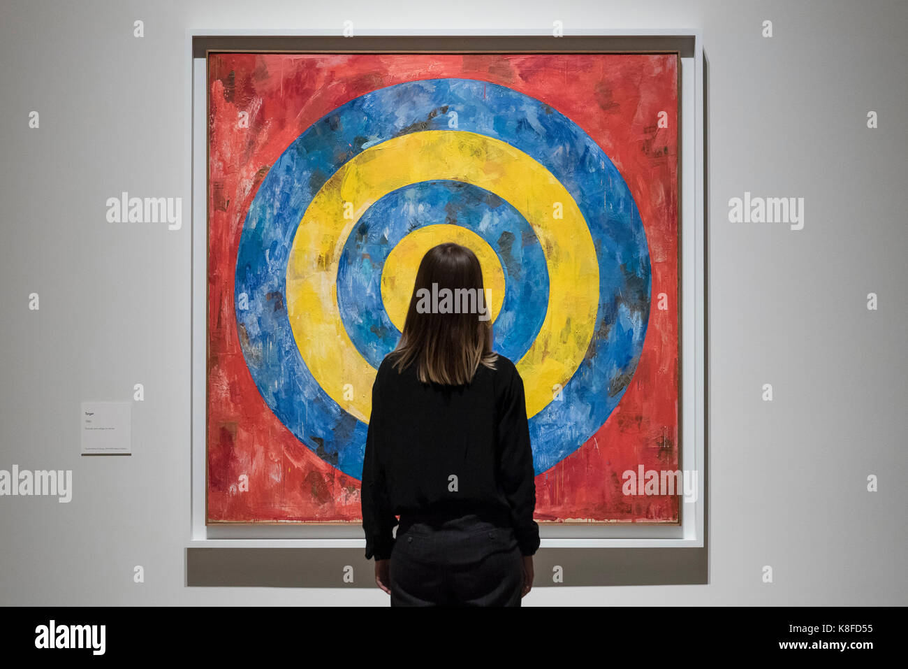 Londra, Regno Unito. 19 settembre 2017. Un membro del personale opinioni "Target", 1961, da Jasper Johns. Anteprima di un punto di riferimento mostra di Jasper Johns RA chiamato "qualcosa somigliante a verità" presso la Royal Academy of Arts di Piccadilly. Sculture, Disegni, stampe oltre a nuove opere sono esposte 25 Settembre al 10 dicembre 2017. Credito: Stephen Chung / Alamy Live News Foto Stock