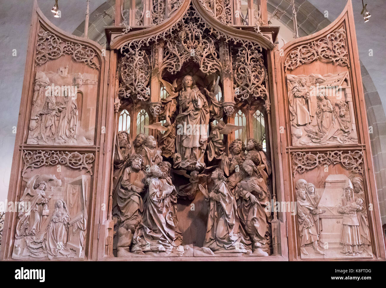 Il Marien-altare di Tilman Riemenschneider, c. 1505-1508, Herrgottskirche (Chiesa di Nostra Signora), Creglingen, Franconia, Baviera, Germania Foto Stock