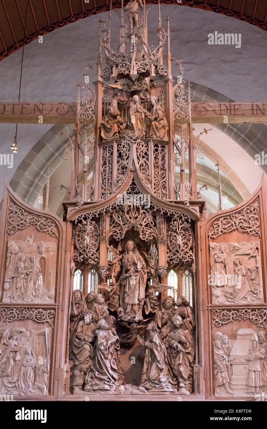 Il Marien-altare di Tilman Riemenschneider, c. 1505-1508, Herrgottskirche (Chiesa di Nostra Signora), Creglingen, Franconia, Baviera, Germania Foto Stock