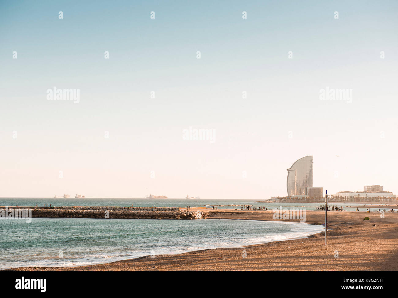Vista della spiaggia e del litorale, Barcellona, Spagna Foto Stock