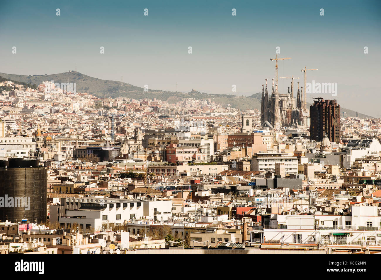 Paesaggio urbano vista con la sagrada familia e la costruzione di gru, Barcellona, Spagna Foto Stock