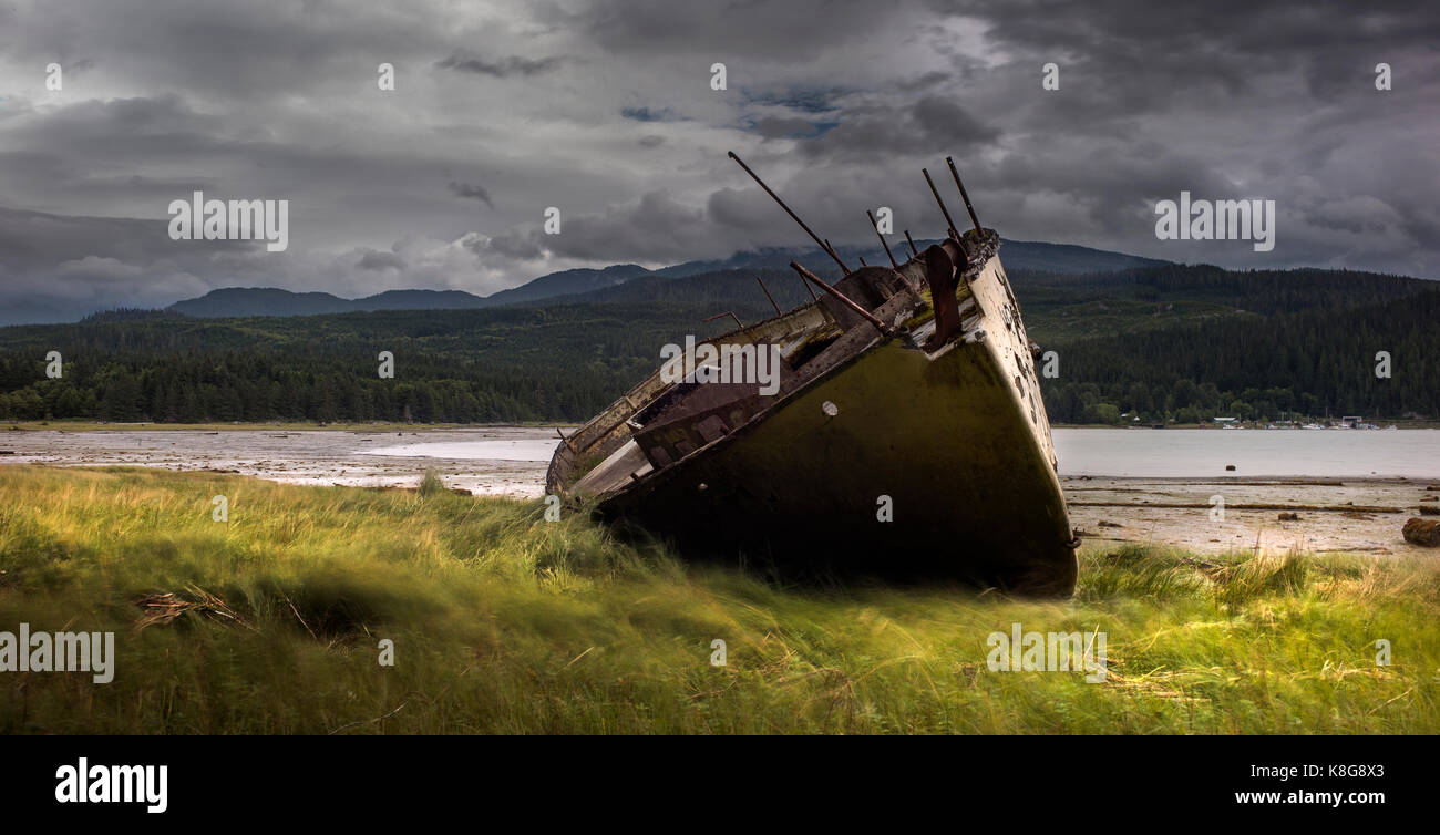 Barca a filamento sul lungolago sul campo erboso contro nuvole temporalesche Foto Stock