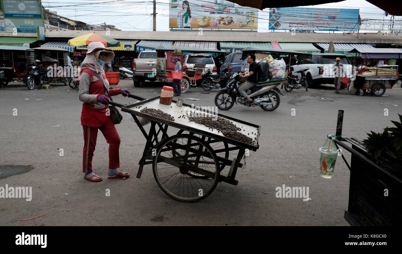 Signora con un carrello di spinta che vende Shel fFsh Serei Sophon Sisophn Bus Station Transportation Hub Cambogia terzo mondo in via di sviluppo Paese Foto Stock