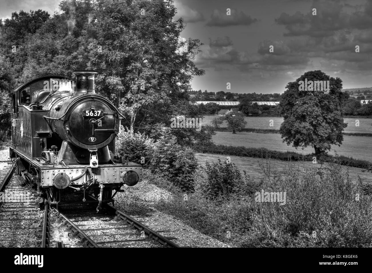 GWR 0-6-2T loco n. 5637 in esecuzione intorno al suo treno sulla East Somerset Railway, elaborata come una immagine HDR. Foto Stock