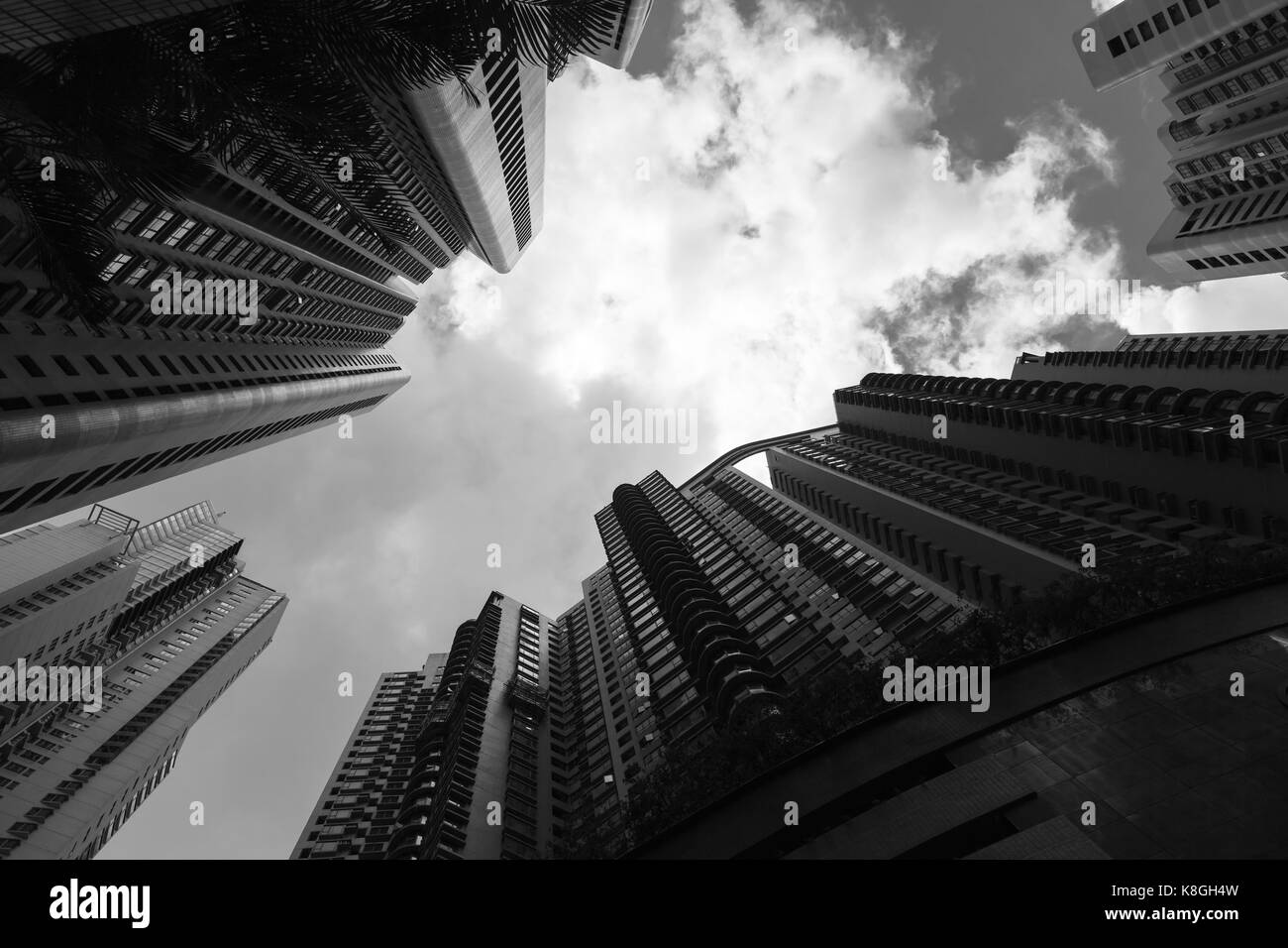 Skyline con grattacieli, alta luogo vivendo in edifici della città di Hong kong, foto in bianco e nero Foto Stock