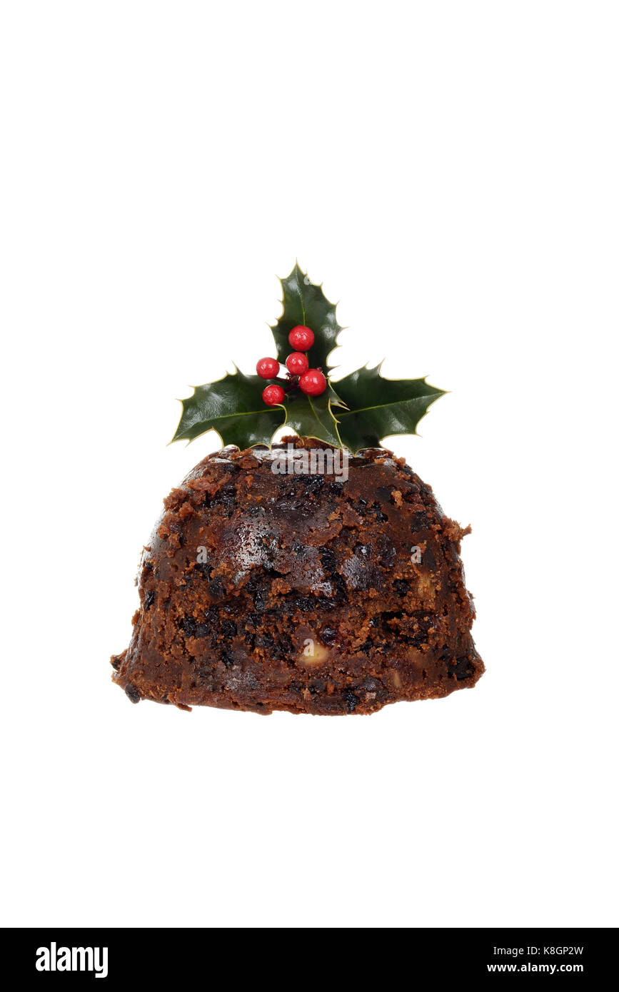 Isolato pudding natalizio con holly Foto Stock