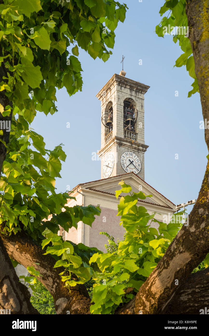 Italienischer kirchturm mit glocken und zifferblatt eingerahmtz von blättern und ästen einer platane imsonnenlicht, SALE MARASINO iseosee, italien Foto Stock
